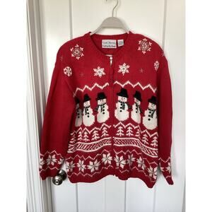 Vintage Croft & Barrow Snowman Christmas Zip Front Cardigan Sweater Red Size XL